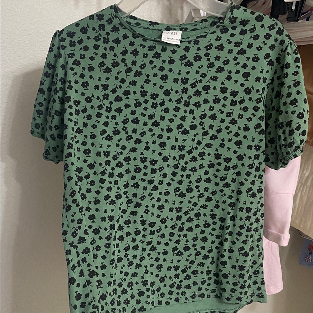 Zara Green Tee with Black Floral Print